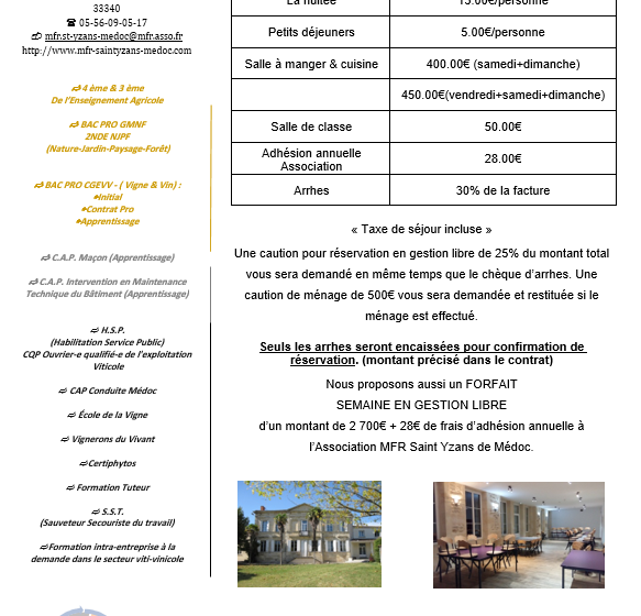 Maison Familiale et Rurale de St-Yzans de Médoc / location de salle